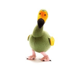 Knitted moss green dodo soft toy with painting of dinosaurs behind